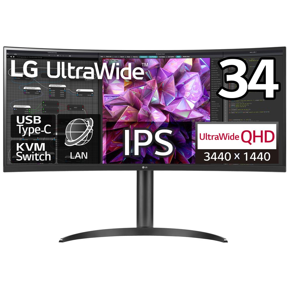 LG ウルトラワイド液晶ディスプレイ(34型/曲面型/IPS/UWQHD 3440×1440/60Hz/5ms/HDR10/HDMI2.0/DP1.4/USB Type-C・LAN/VESA/PBP対