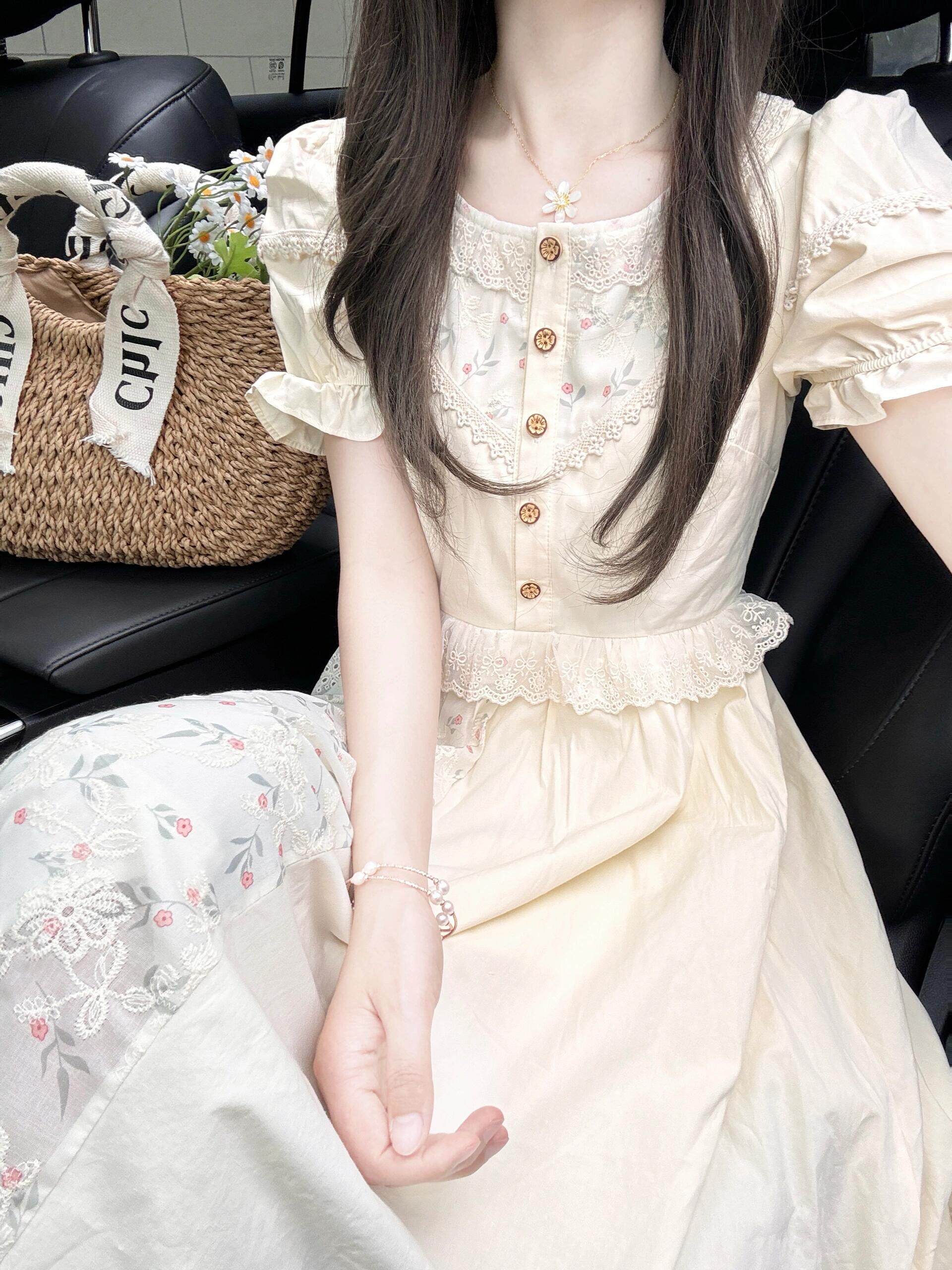 甘い花柄女性用夏物森系の優しい雰囲気のデザインプリンセスドレスレースウエストのロングスカート