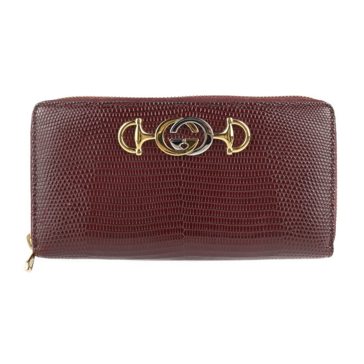 超美品 GUCCI グッチ 長財布 570661 ズゥミ リザード ボルドー レッド系 ロングウォレット ラウンドファスナー ジップアラウンド シルバー ゴールド金具【本物保証】