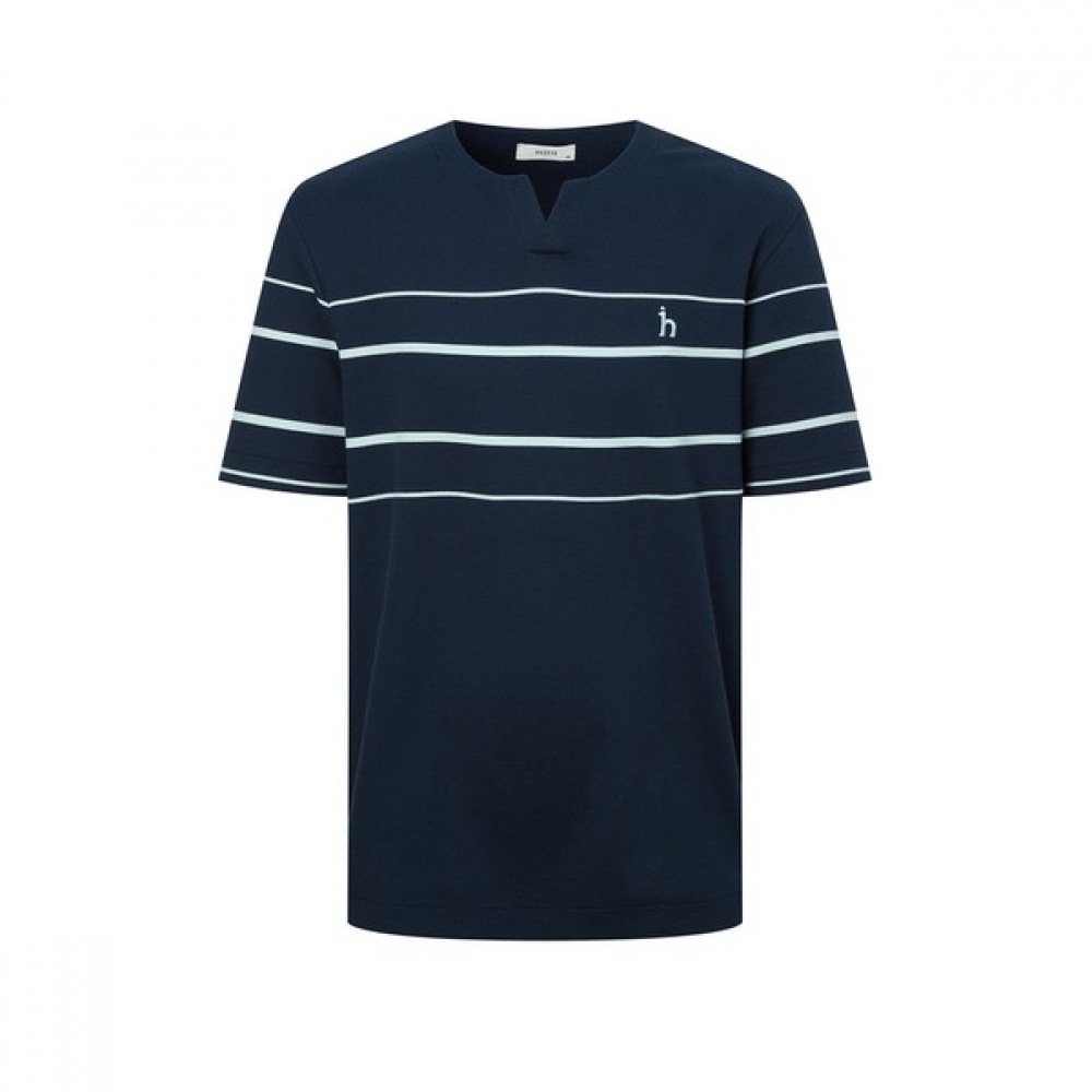 [ヘッジズ] 25SS ネイビースリットネックカラーブロックショートスリーブ T シャツ HZTS5B547N2