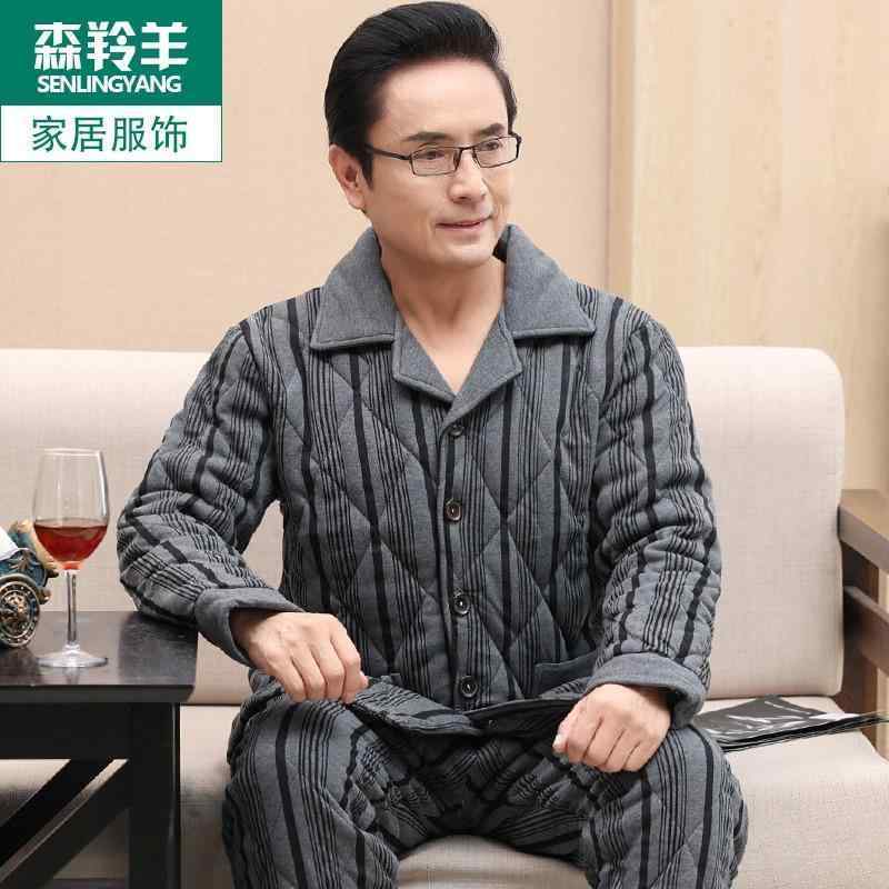 秋 冬 長袖 パジャマ い 男性用 厚手 綿 ホーム 服 暖かい 三層 キルティング 大きいサイズ が 屋外 着用