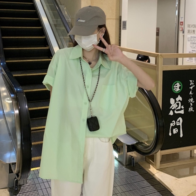 韓国風シック ゆったりカジュアル 前ボタンロングシャツ 無地 リラックス エレガント1018