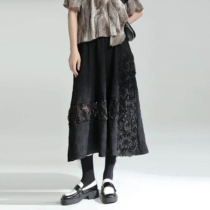 花柄 ロングスカート Aライン ドッキング スリム 花飾り レースアップ レディース ワンピース30%までに制限