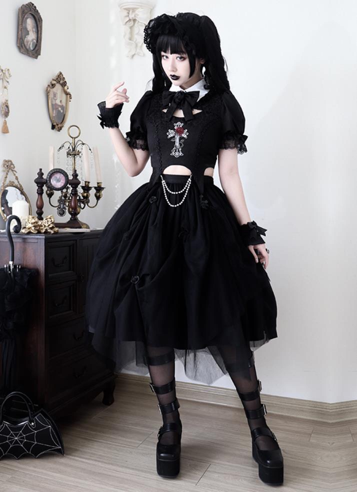 /新発/数量限定/Lolita系 /上下セット/薔薇十字架/ワンピース　jsk　OP　日常　写真　舞台　変装/ロリータ トップス 萌え ゴスロリ ロリータファッション　吊りスカート 花嫁洋服 ウエディ