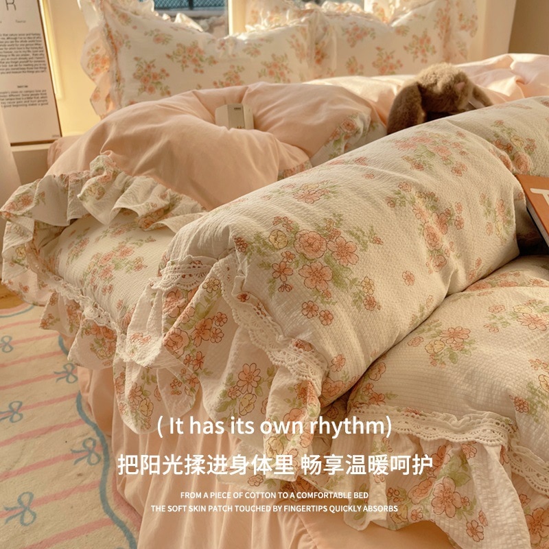 プリンセススタイルベッドスカート4ピースフレンチスモールフローラルキルトカバーベッドシート3ピースベッドセット