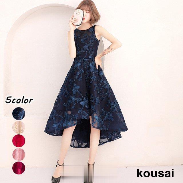 新品大イベント30代 40代 パーティードレス ノースリーブ ミモレ丈 前短後長 結婚式ドレス 赤 ワイン赤 ゲストドレス 20代 二次会ドレス お呼ばれドレス