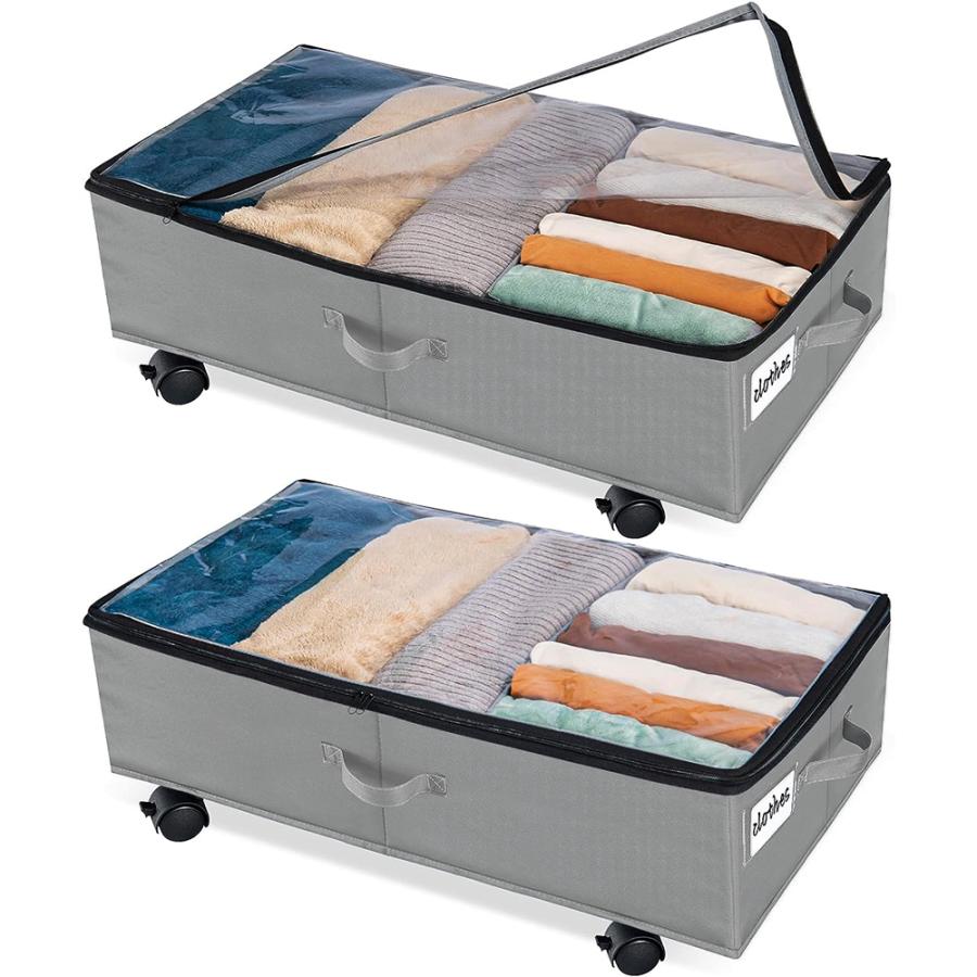 ホイール付きベッド下ロッカー ベッド下収納ボックス キャスター付き 服の収納ラック 大容量 収納ボックス グレー2点セット