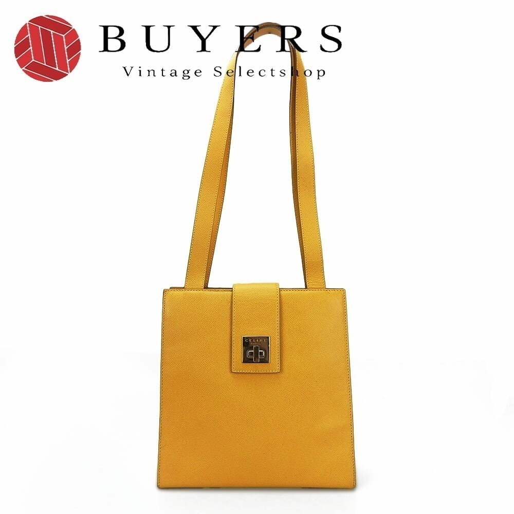 中古 CELINE セリーヌ ショルダーバッグ イエロー 型押し レザー 革 ターンロック ゴールド金具 Shoulder Bag Leather Yellow【中古】