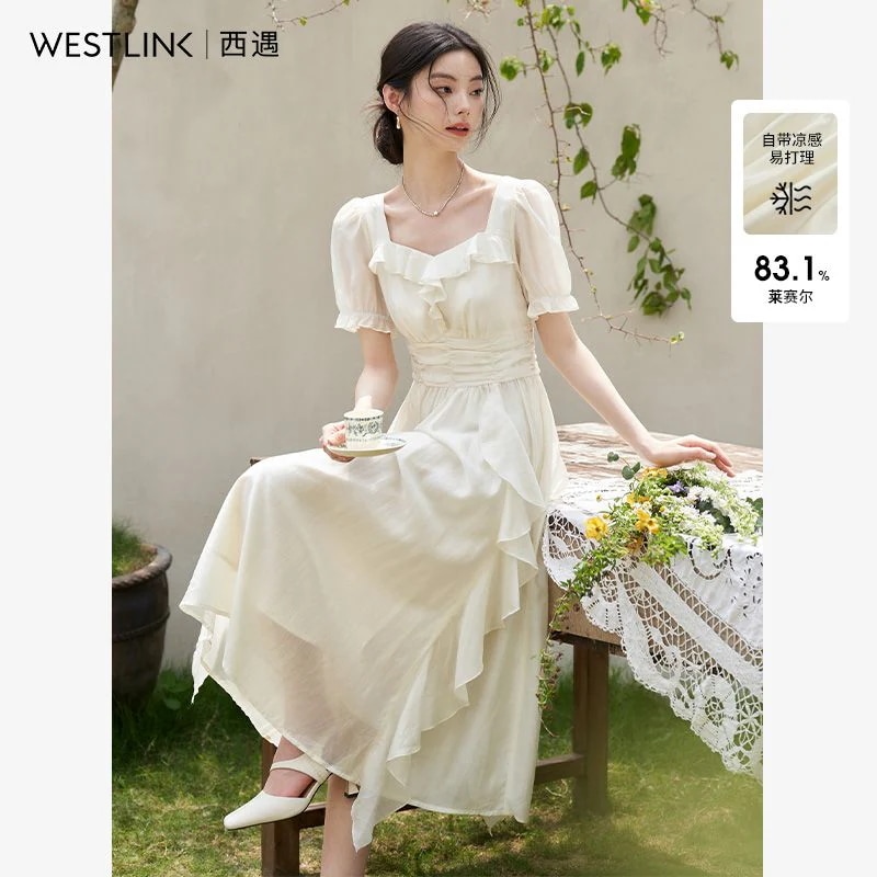 ミルキーホワイト デコルテフリルワンピース 2025春夏 パフスリーブ ハートスクエアネック ギャザーウエスト Aラインロング ワンピース ワンピース レディース ロングワンピース ワンピース 夏 パ