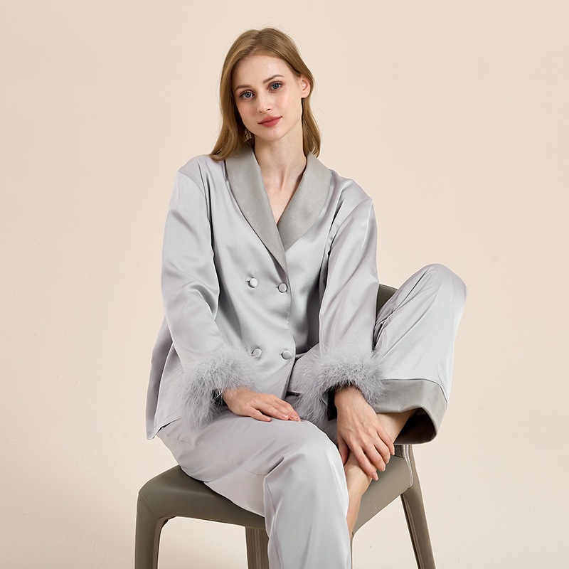Bei Nu Meng 秋冬フェザーパジャマセット高級プラスベルベット厚みのある暖かいダブルブレストラペルホーム服セット