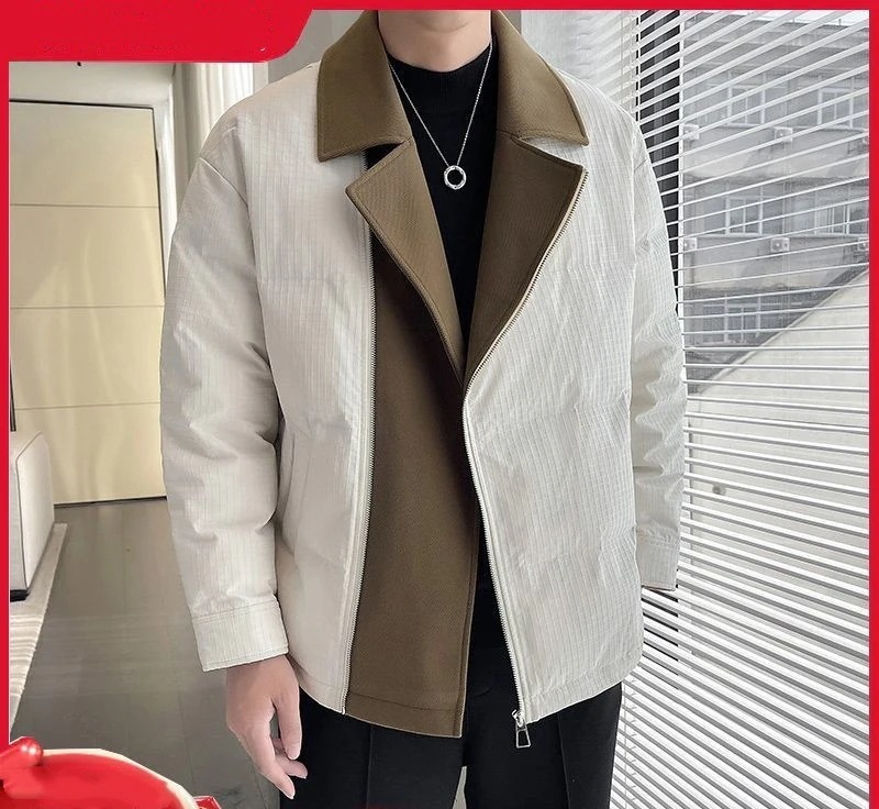 2025INS大人気 新作 冬 折り襟 メンズ 切り替え ぶつかって色 ダウンコート ファッション カジュアル 百掛け 厚手 アウター