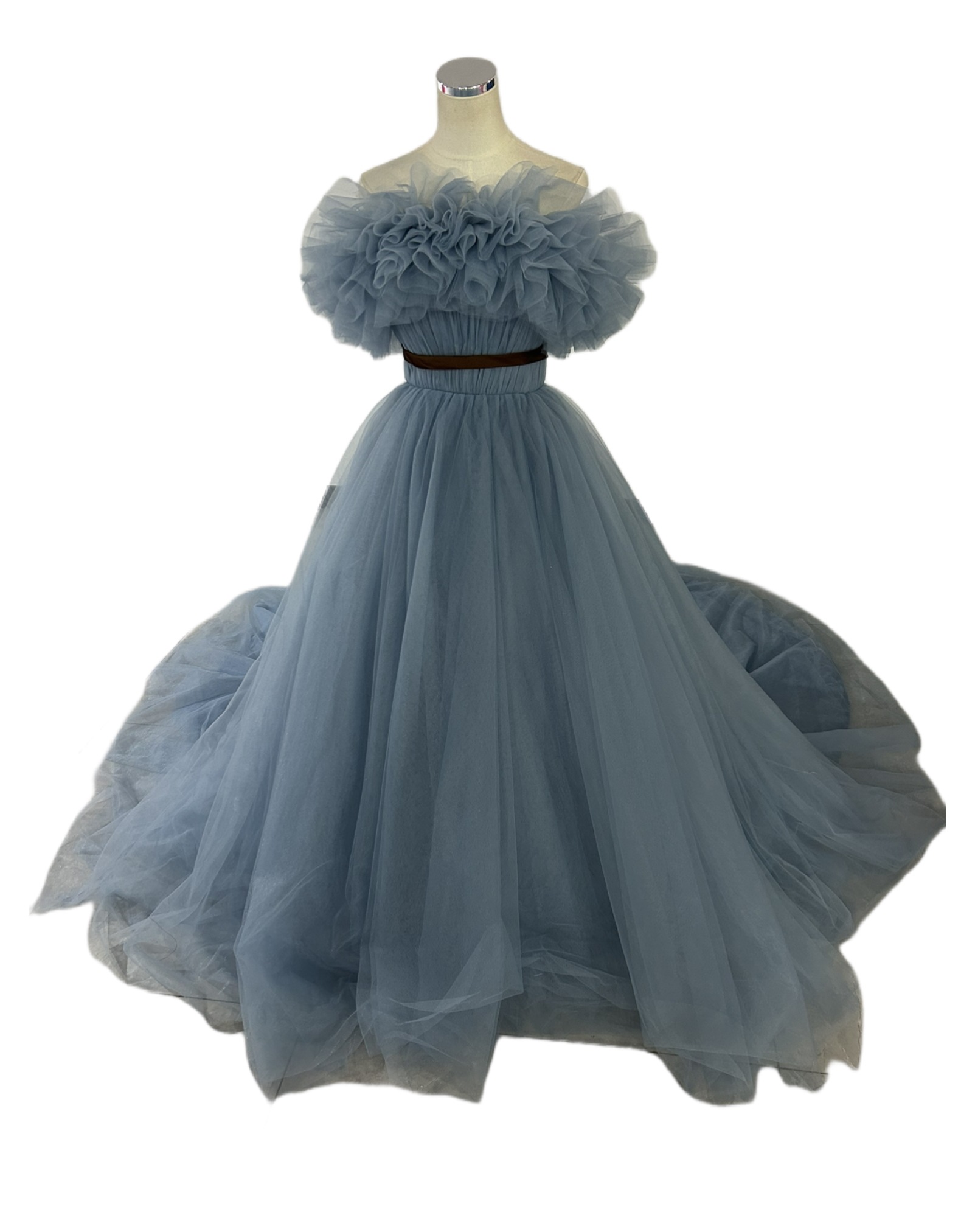 カラードレス ライトブルー オフショルダー サッシュベルト チュールスカート ロングトレーン