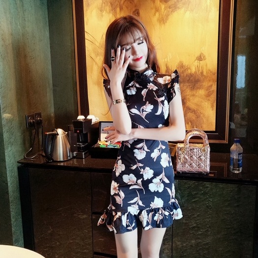 パーティ 花柄 チャイナカラー ワンピース ショート ハイネック タイト ノースリーブ 5,212円