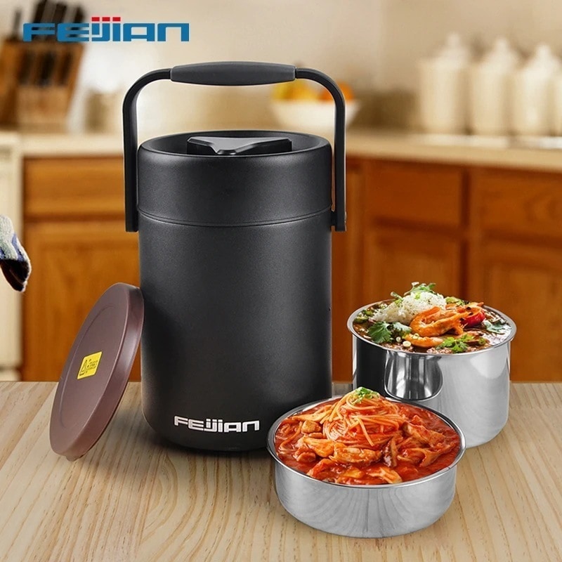 3日以内出荷：Feijian-サーマルランチボックス 2リットルの食品容器 ステンレス鋼の魔法瓶 多層 大容量 断熱