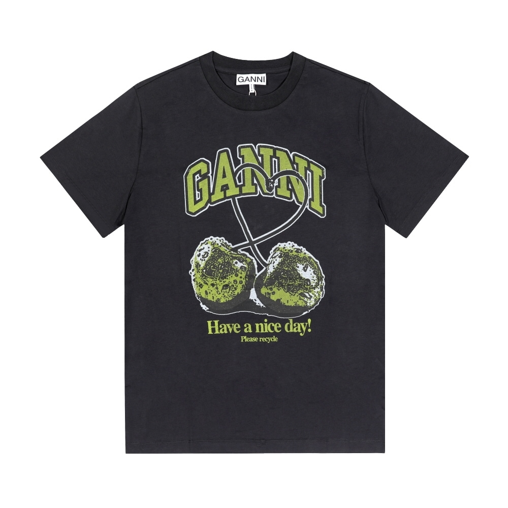 GANNI グリーンチェリーロゴプリント女性ショートTシャツ T4292 252