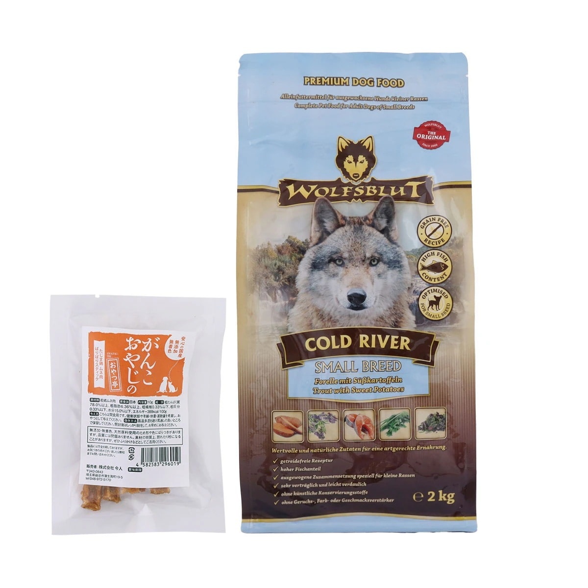 ウルフブラット スモールブリード コールドリバー(マスとスイートポテト)2kg【国産たじま鶏ジャーキー(小サイズ)付き】