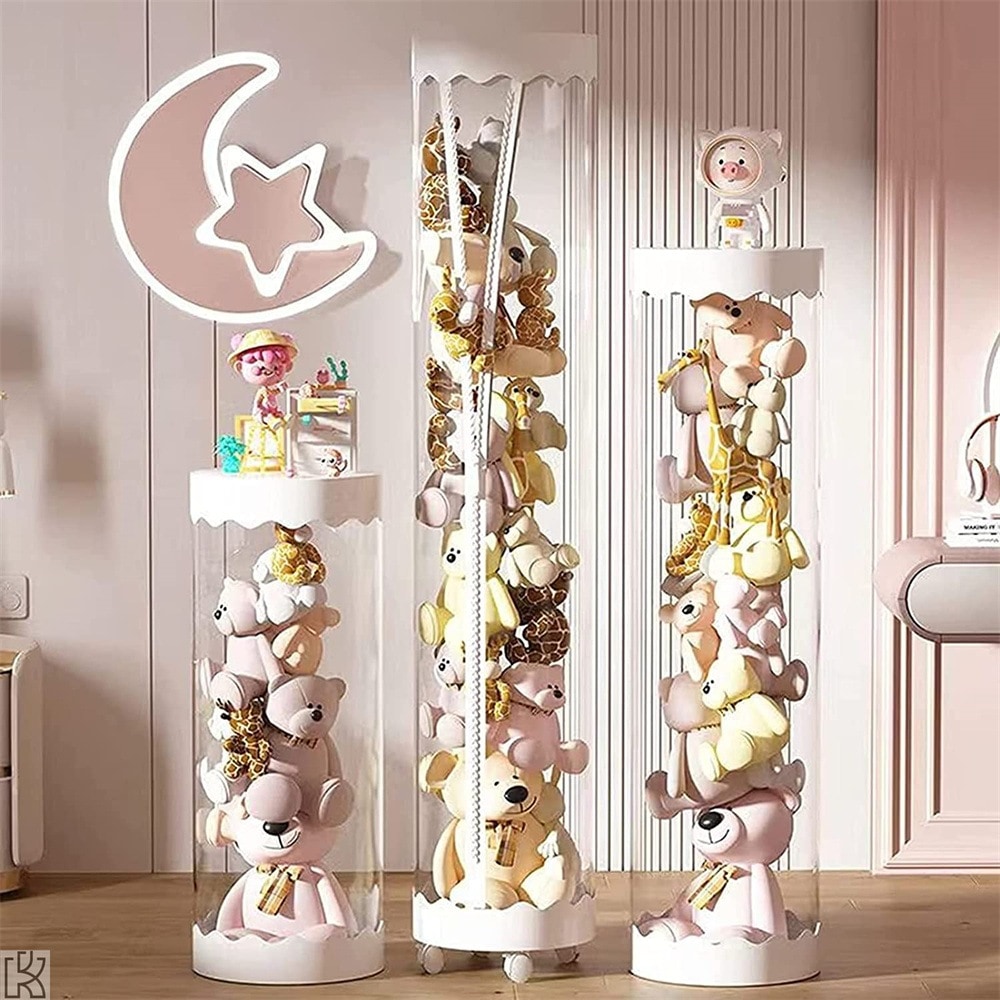 ぬいぐるみ収納ケース ジッパー付き 透明PET ぬいぐるみ収納桶 おもちゃ収納ボックス ぬいぐるみ動物 ホイール付き 360スイベル 大容量 組み立て式 DIY人形展示ボックス 収納ケース 陳列棚