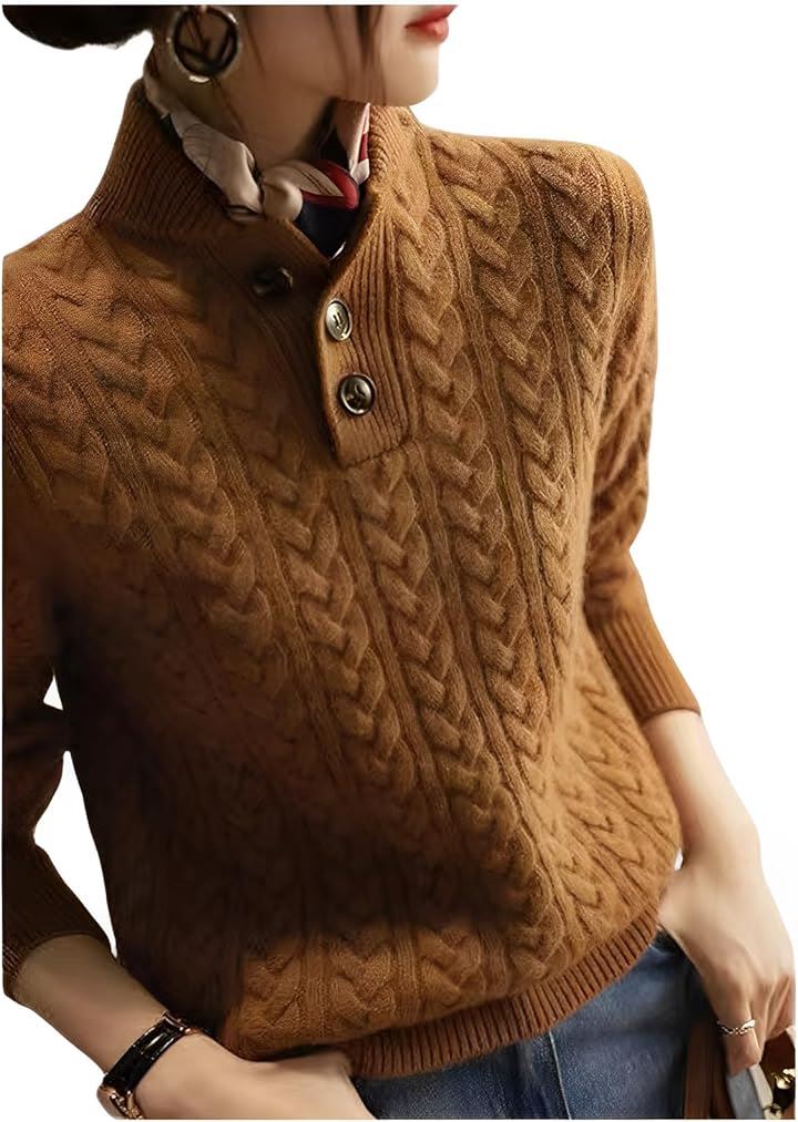 ニットトップス リブニット セーター ゆったりニット ゆるっとお洒落 ハイネック レディース(ブラウン, M)