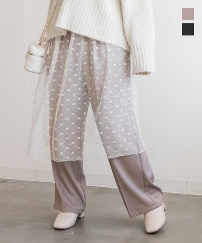 大きいサイズ レディース LL 3L 4L XL XXL XXXL チュール巻きスカート付きタックパンツ