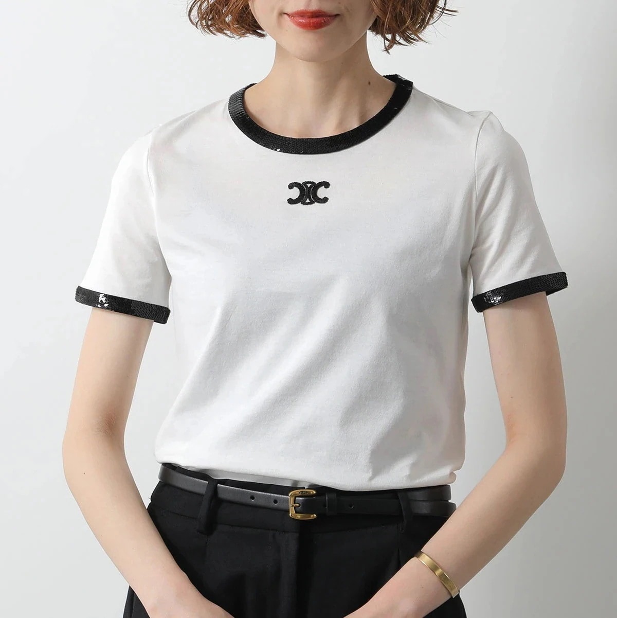 CELINE セリーヌ Tシャツ RX05Z671Q.01OB レディース 半袖 カットソー クルーネック トリオンフ ロゴ 刺繍 スパンコール装飾 ホワイト