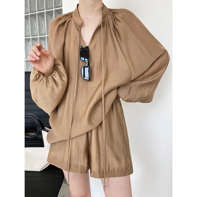 セットアップ夏カジュアルおしゃれ百掛けセットアップ長袖トップス+半ズボン2点セットセットアップ　レディースuvカット接触冷感