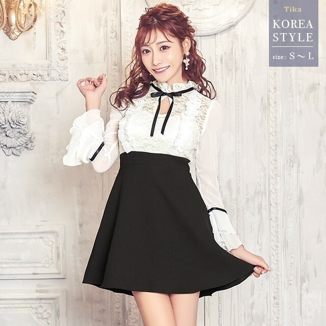 韓国 キャバドレス 袖あり 長袖 膝丈 大きいサイズ レース ミニ シースルー リボン ミニドレス ホワイト ブラック 白 黒 キャバ嬢ドレス キャバ ワンピース ミニ ドレス ボウタイ 袖 ガー 5,742円