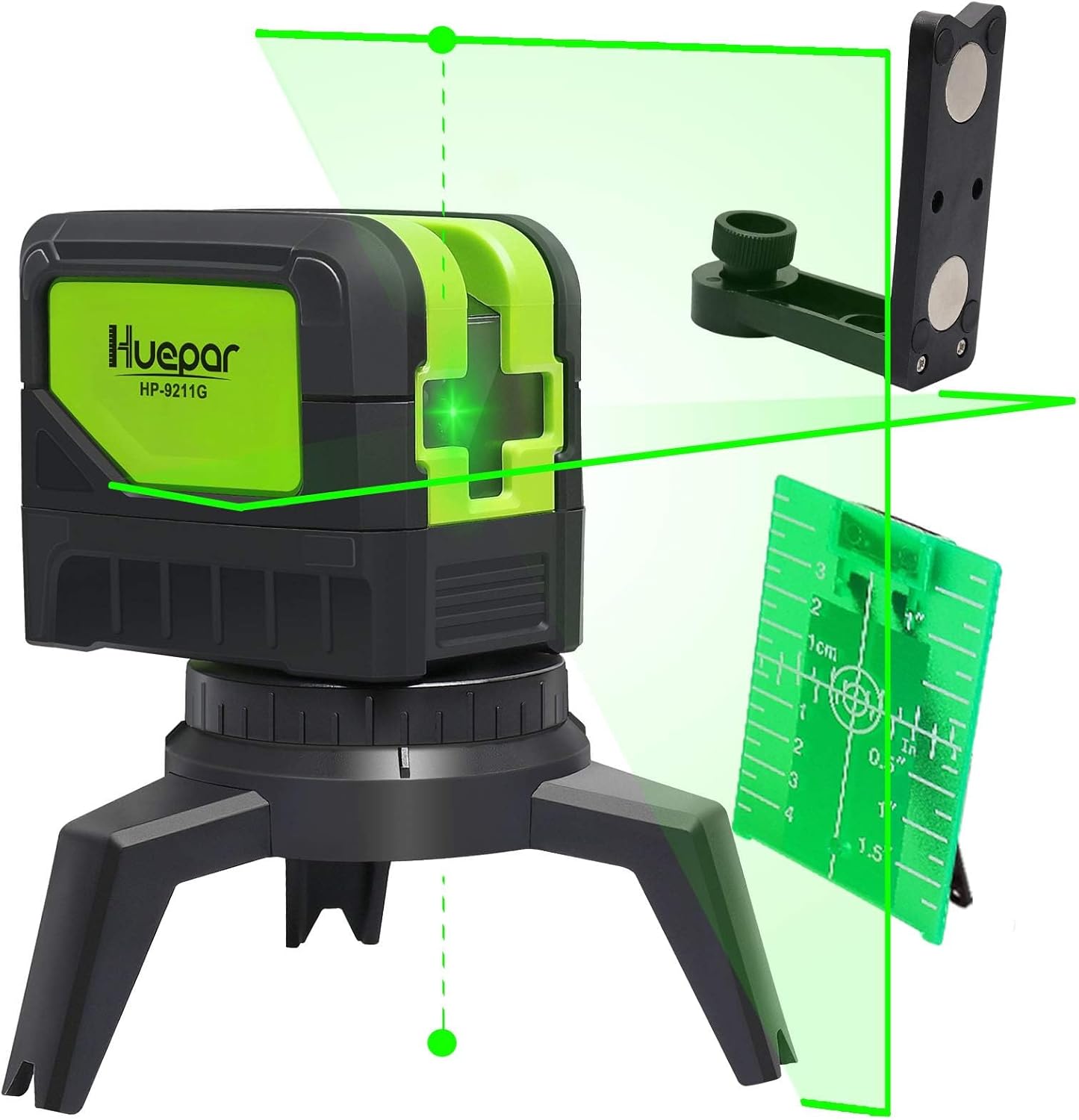 Huepar 2ライン グリーン レーザー墨出し器 2ポイント 緑色 クロスラインレーザー 自動水平調整機能 高輝度 ライン出射角110＆180 地墨 鉛直ポイント 2線2点 9211CG 6,578円