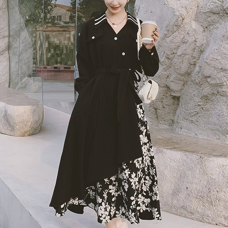 花柄切り替えワンピース レイヤード風ボリュームスリーブフレアシャツワンピース