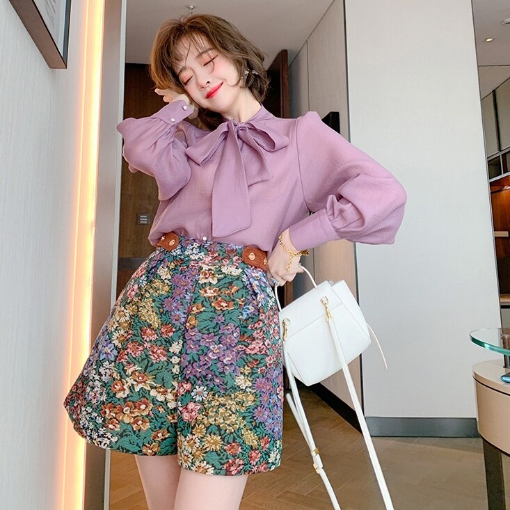 レディース パンツ ボトムス ハイウエスト フラワープリント 花柄 フローラル バックル Aライン