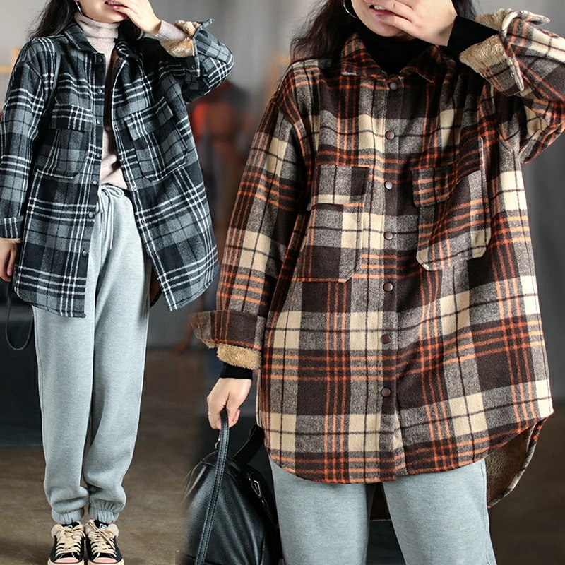 シャツ 秋 冬 チェックシャツ レディース トップス シャツ 長袖 チェック 折り襟 前開き ボタン留め コート 裏起毛 ボア 厚手 ポケット付き コーデ 暖かい おしゃれ 可愛い 大人 オシャレ