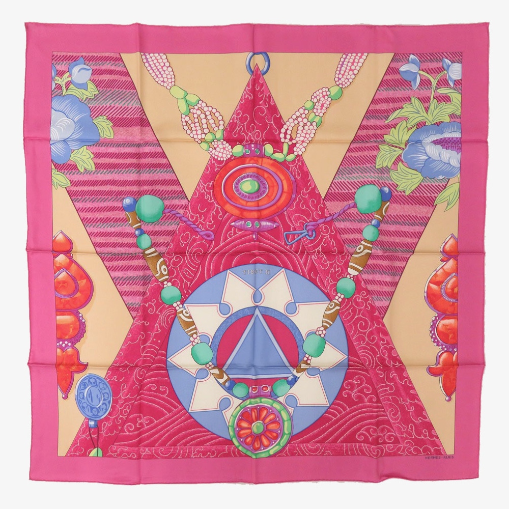 美品 カレ90 TIBET チベット2 スカーフ シルク/シルク ピンク 0217【中古】 レディース