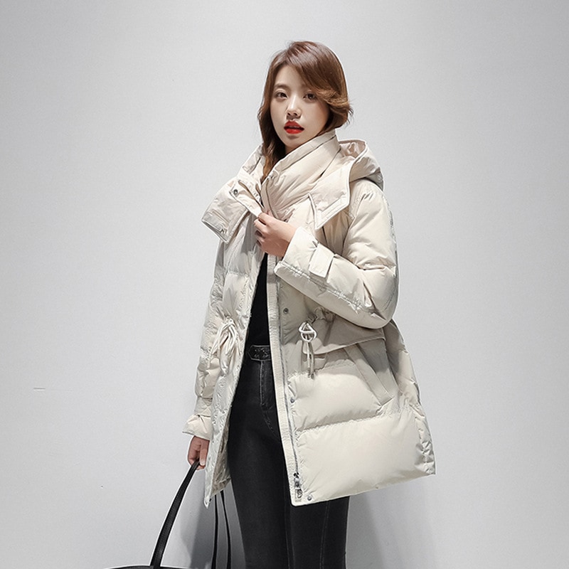Yaya ベルクロ ダウンジャケット レディース ミドル丈 ドローストリングウエスト スリミング ホワイトダックダウン 厚手 暖かいコート