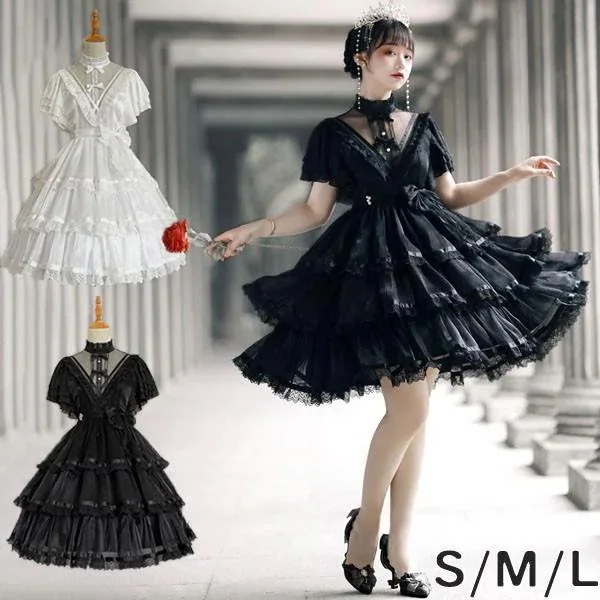 急速出荷ロリータ ゴスロリ ワンピース Aライン Lolita リボン 透け感有り 膝丈