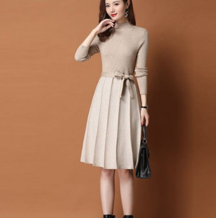 デート かわいい 大人可愛い きれいめ シンプル カジュアル 大人 上品 おしゃれ お洒落 大人女子 ワンピース 長袖 ニット ミディアム丈 ハイネック ウエストリボン ステッチ 韓国 秋冬 3XL