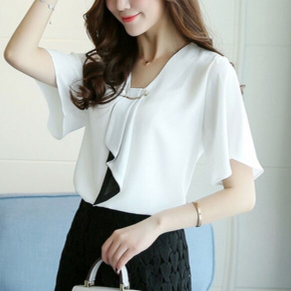 トップス シャツ ブラウス カットソー 袖あり かわいい 大人可愛い きれいめ シンプル カジュアル フレア 半袖 無地 ボウタイ エレガント オフィス 通勤 グリーン ピンク 2XL 3XL 韓国