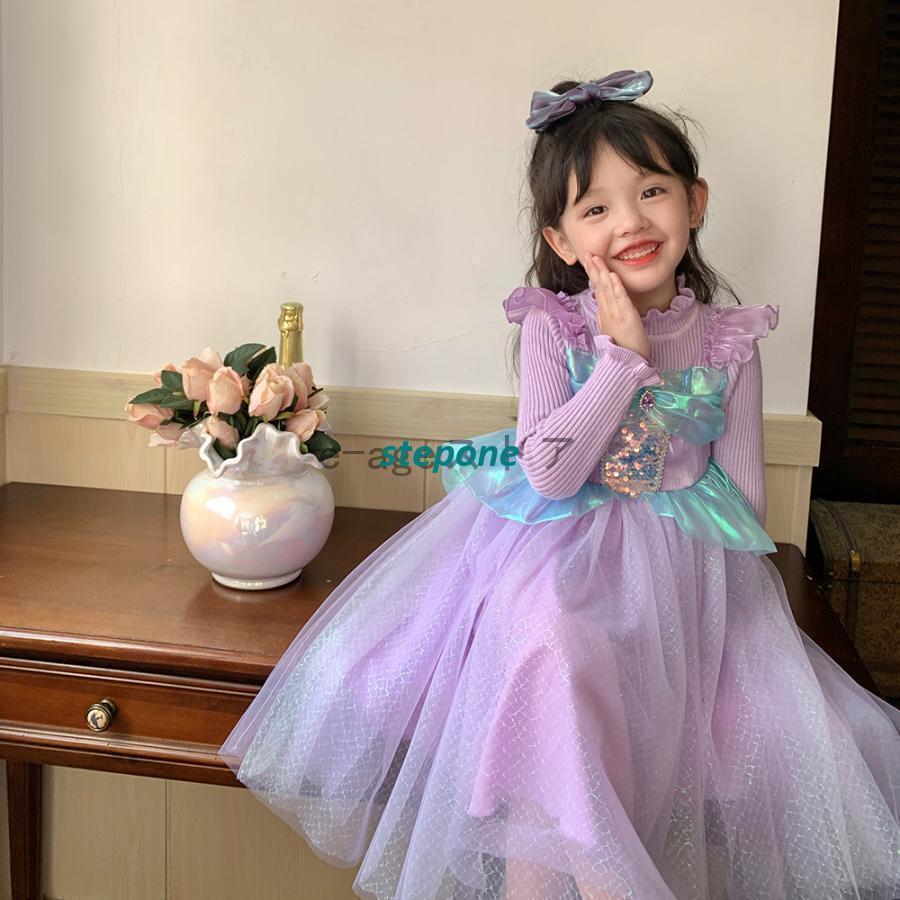 [即納]いまだけの超SALE価格！ おすすめ ロング キッズ 子供服 クリスマス クリスマス コス なりきり 衣装 ワンピース 長袖 仮装 ドレス アリエル プリンセスドレス 品質良い!