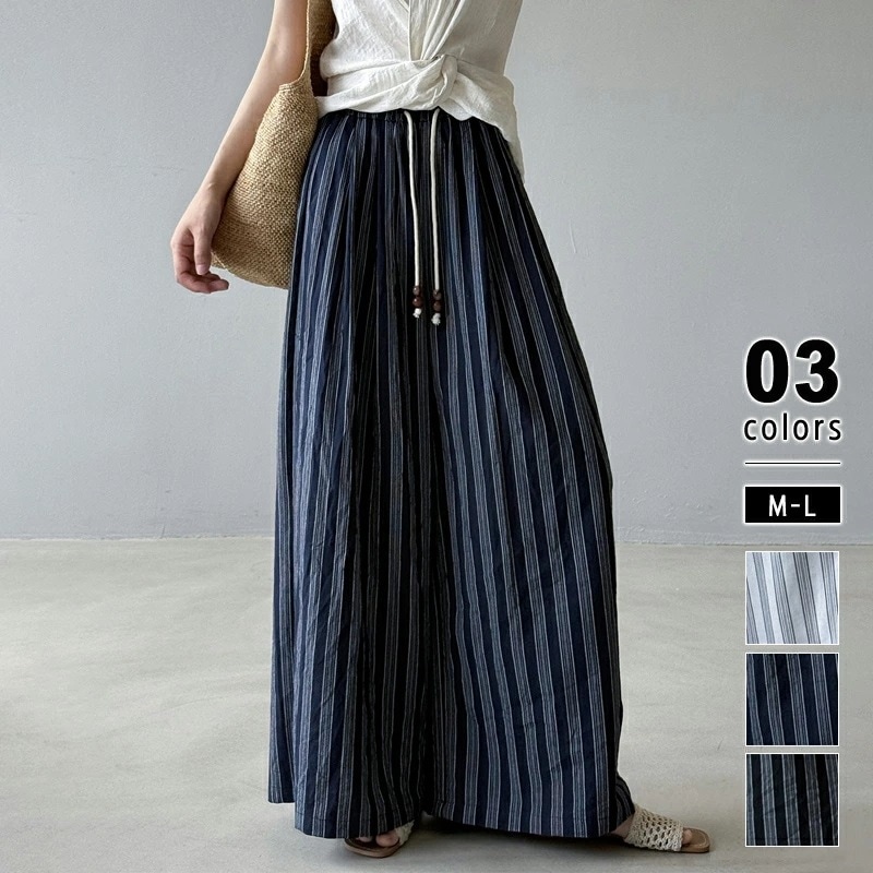 [迅速な配達][限時割!引!]ワイドパンツ ストライプ パンツ ガウチョパンツ 綿 リネン レディース ストライプパンツ ワイド ゆったり 体型カバー 大きいサイズ 涼しい ガウチョ リラックスパンツ