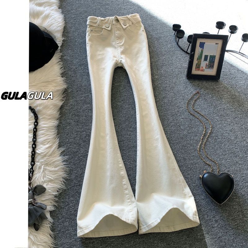 女性用オフホワイトブーツカットジーンズ2025春秋2025小柄な人向け折り返し付きハイウエストスリム馬蹄パンツ