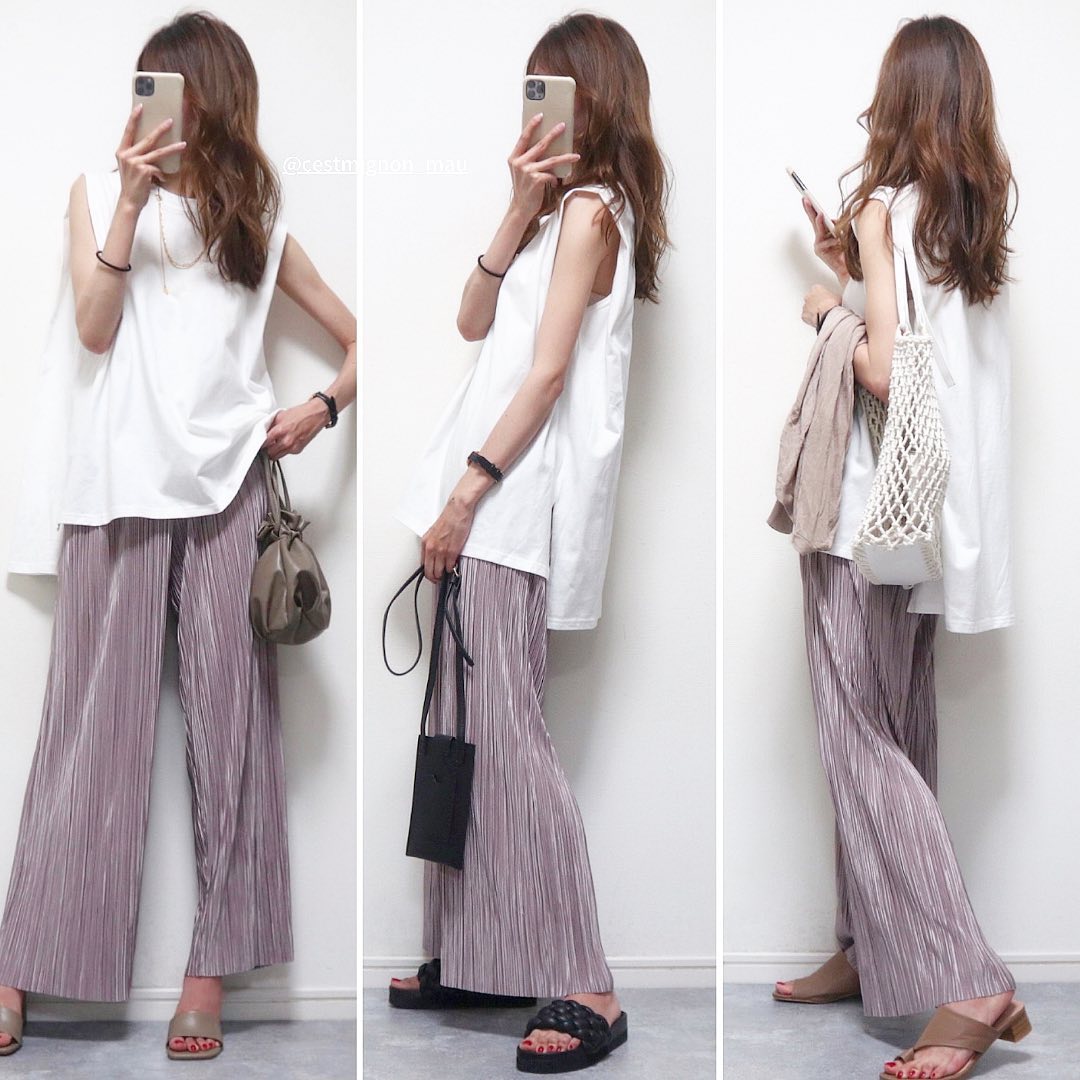 【雑誌に掲載された】 カジュアルラウンドネックノースリーブTシャン+プリーツパンツセットアップ 2点セット