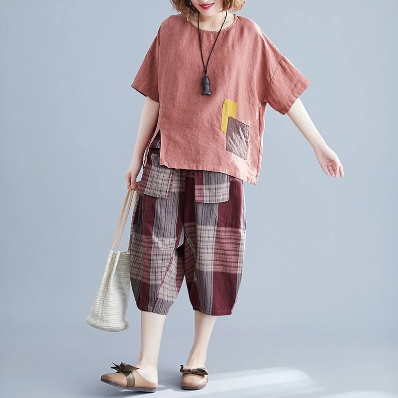 ファットマミー涼しく楽ちんセットアップスリットTシャツリネンパンツ短袖２点セットリネン素材トップス 母の日