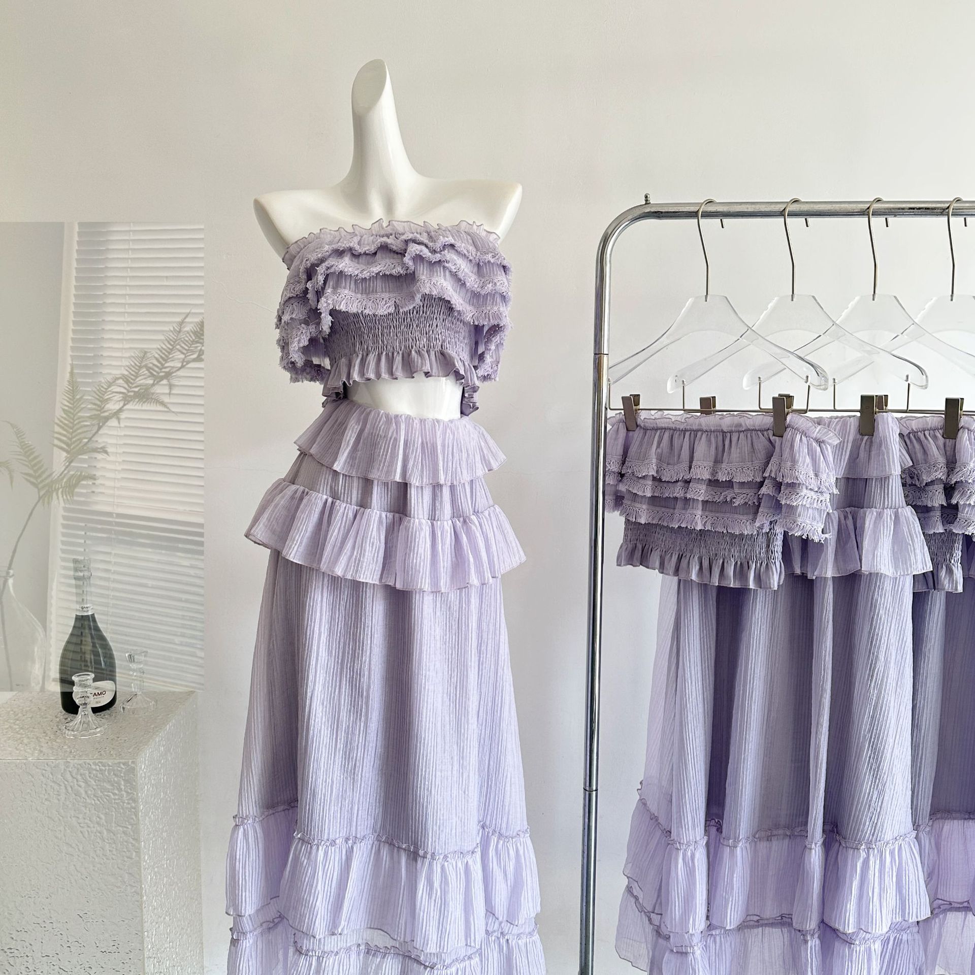 【紫木槿 優しい フレンチロマンチック セクシー】重ね フリンジ 荷叶辺 トップス スカート リゾートセット