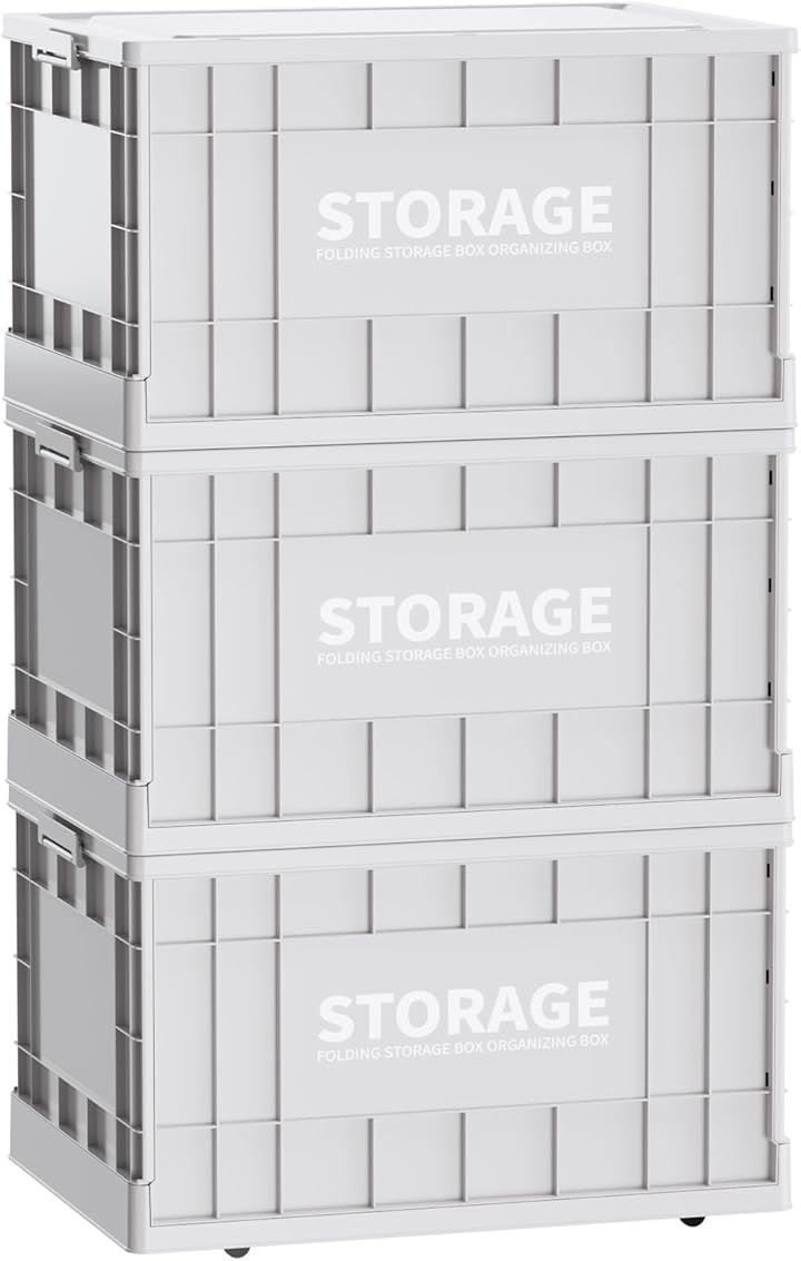 収納ボックス 折りたたみ式 大容量 コンテナボックス 蓋付き キャスター付き おしゃれ プラスチックケース クローゼット 押入れ 衣類 布団(3個セット，ライトグレー, Medium)