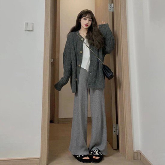 【取寄：納期2週間】ニットカーディガン レディース カーディガン ニット セーター 羽織 ライトアウター シンプル 無地 長袖 カジュアル お出掛け フロントボタン グレー ゆったり 秋冬