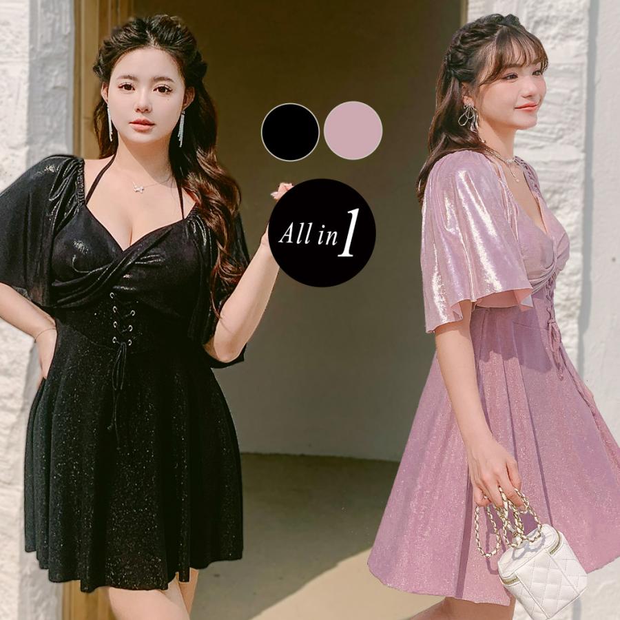 大きいサイズ水着 レディース 体型カバー ワンピース ぽっちゃり 20代 30代 40代 半袖 ツイスト 4L 5L 6L 黒