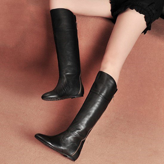 【取寄：納期2週間】ロングブーツ レディース ブーツ ロング丈 靴 シューズ フラットブーツ ローヒール 黒 ブラック シンプル 無地 バックジッパー 歩きやすい 履きやすい 疲れにくい 脚長