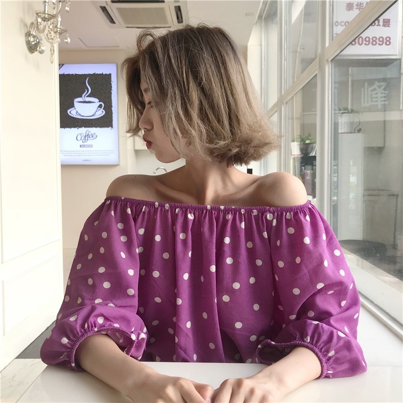 2433.ドット柄オフショルダーシャツ（パープル）2019 春夏 カジュアル 肩出し 普段使い お出かけ