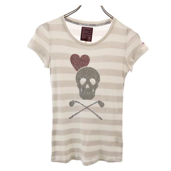 ラインストーンスカル ボーダー柄 ゴルフ 半袖 Tシャツ S グレー×白 レディース