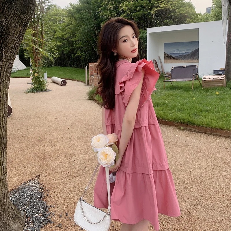 夏用の女性用フェイフェイスリーブピンクドレス小さくて甘くてキュートで優しくユニークで素晴らしい妖精のスカート