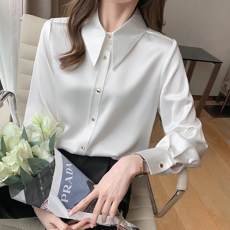 ３色 トップス シャツ ブラウス レディース 夏 春 秋 きれいめ 長袖 長袖 カフス レギュラーカラー スリム タイト 細身 ストレート スマート 裾イン 前開き プルオーバー シンプル 白 ホワイ