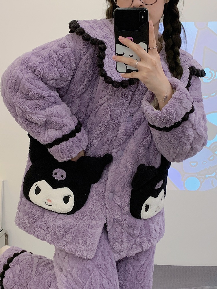 冬の保温パジャマ女性厚手3段重ね綿絨毯アニメ学生は外で部屋着セットを着ることができる